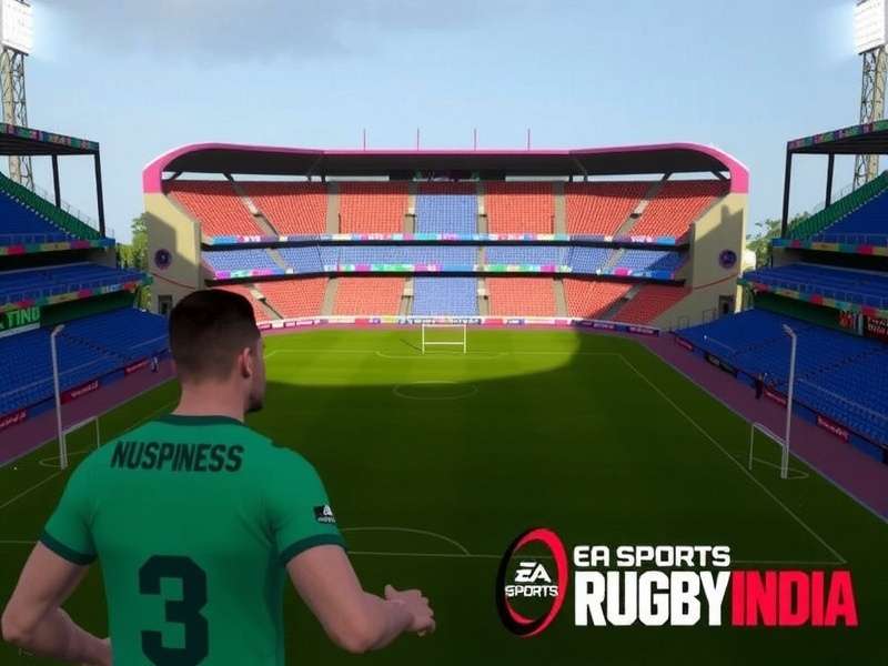 EA Sports Rugby India Tour gameplay screenshot showing Indian rugby stadium with EA Sports Rugby India Tour watermark